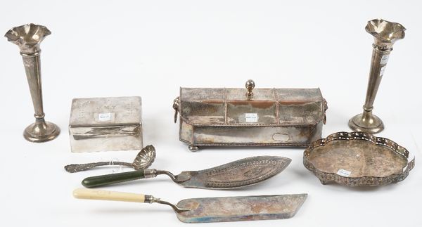 Silver and silver mounted wares, comprising; a rectangular table cigarette box, wooden lined within, London 1925, a pair of trumpet shaped vases, Birm