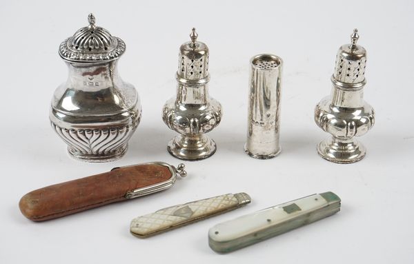 Silver and silver mounted wares, comprising; a silver bladed mother-of-pearl folding fruit knife cum folding fruit fork, Sheffield 1900, with a later