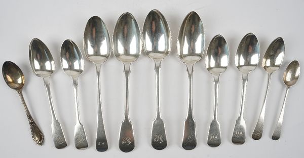 Silver table flatware, comprising; three fiddle pattern tablespoons, four fiddle pattern dessert spoons, three various Old English pattern spoons and