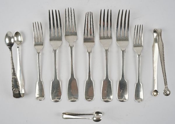 Silver, comprising; five fiddle pattern table forks, two fiddle pattern dessert forks and three various pairs of sugar tongs, combined weight 522 gms,