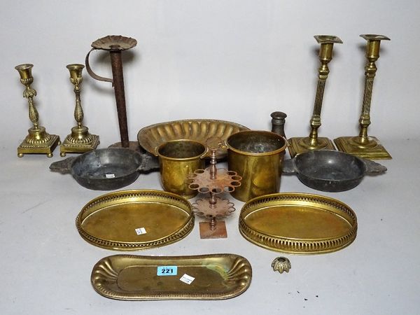 A quantity of mostly late 18th century copper and brassware including two pairs of candlesticks, galleried wine coolers, two pewter bowls and sundry,