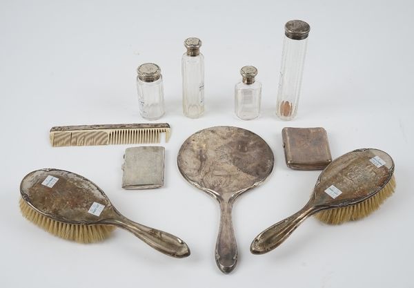 Silver and silver mounted wares, comprising; a set of six condiments, comprising; two mustard pots, two pepperettes and two salts, Birmingham 1937, wi