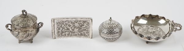 A group of foreign wares, comprising; a circular pot pourri box and cover, detailed Silver 925, a twin handled lidded bowl, with spiral embossed decor