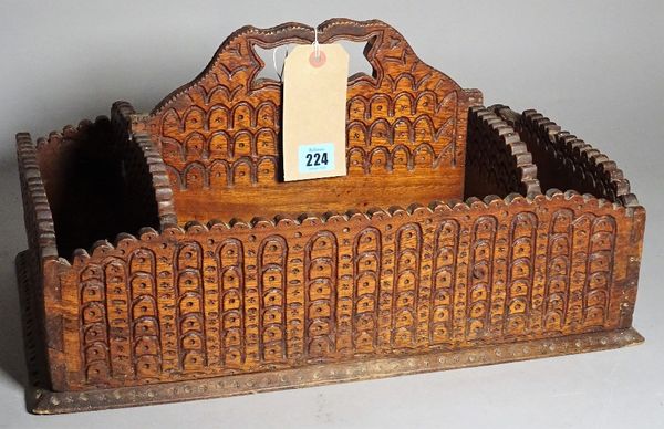 An early 20th century carved oak Tramp Art cutlery tray, 48cm wide x 24cm high.  A1