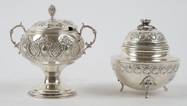 Foreign wares, comprising: a twin handled lidded preserve pot with embossed decoration detailed ST925 and a small bowl and cover having a flower finia