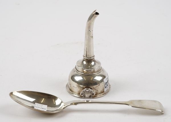 Silver, comprising; a wine funnel, decorated with a gadrooned rim, modern and a Victorian fiddle pattern tablespoon, London 1839, combined weight 141