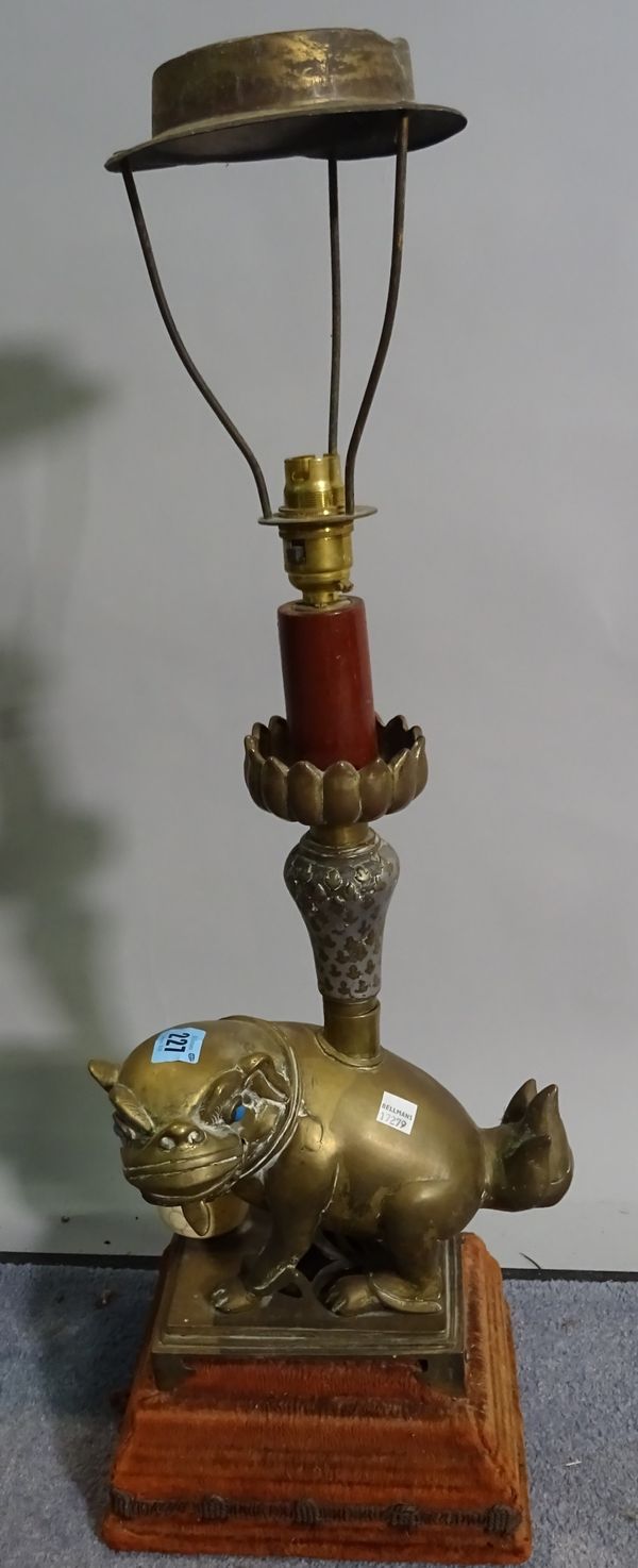 A 19th century and later Chinese dog of fo table lamp on plinth base, 68cm high.  D1