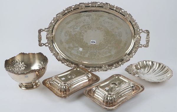 A group of plated wares, comprising: a shaped oval twin handled tray decorated with a cast and pierced border of fruiting vine, length including handl