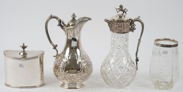 A silver rimmed faceted glass vase, Birmingham 1925 and plated wares, comprising; a hot water jug with embossed decoration, an oval hinge lidded biscu