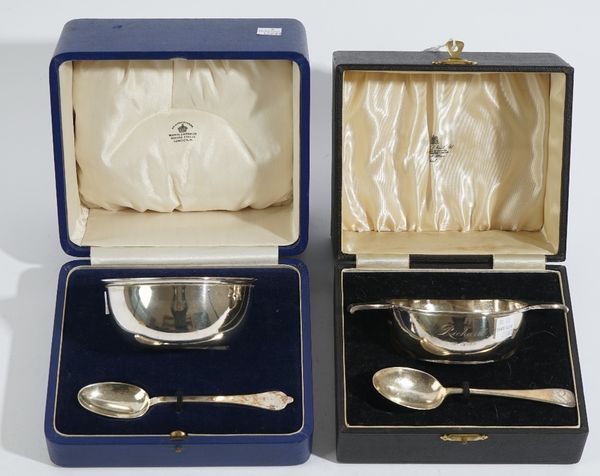 Silver, comprising; a christening bowl, Chester 1936, with an associated rat tail pattern spoon, Birmingham 1913, cased and a twin handled christening