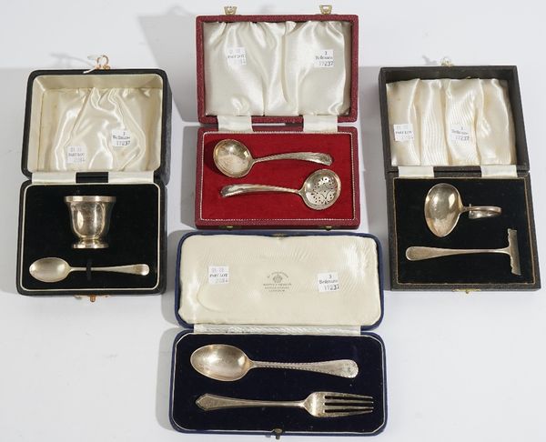 Silver, comprising; an egg cup and spoon, Birmingham 1939, a babies pusher and spoon, Chester 1938, a christening spoon and an associated christening