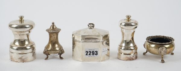 Silver and silver mounted wares, comprising: an octagonal hinge lidded tea caddy, Chester 1928, a pepperette raised on three feet, London 1935, a salt