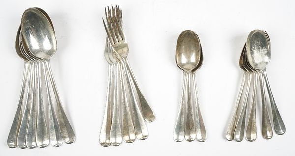 Silver rat tail pattern table flatware, comprising; six tablespoons, eight dessert spoons and four table forks, all London 1921 and another Old Englis