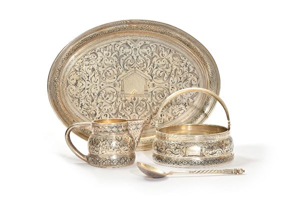 A Russian four piece sugar and cream desert set, comprising: an oval tray, length 28.5 cm, a sugar bowl of circular form with a swing over handle, a s