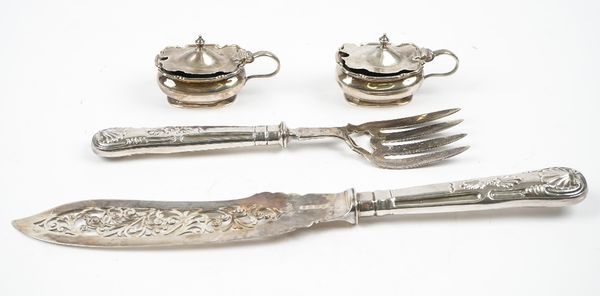 Silver, comprising; a pair of Victorian King's pattern fish servers, with pierced decoration, Birmingham 1865 and two mustard pots, Birmingham 1936, w