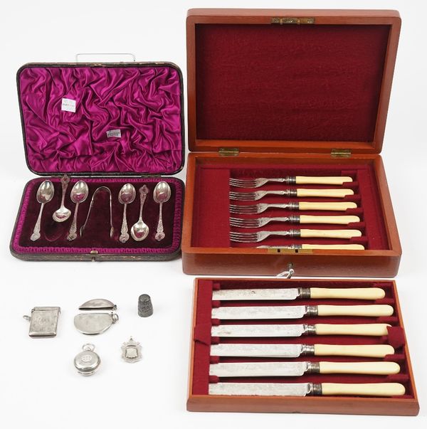 Silver, comprising; a set of six Victorian teaspoons and a matching pair of sugar tongs, London 1893, with a case, a sovereign case, with engine turne