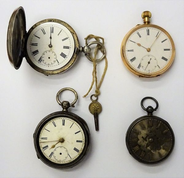 A gold cased, keyless wind, openfaced pocket watch, with an unsigned jewelled lever movement, base metal inner case, the enamelled dial with black Rom