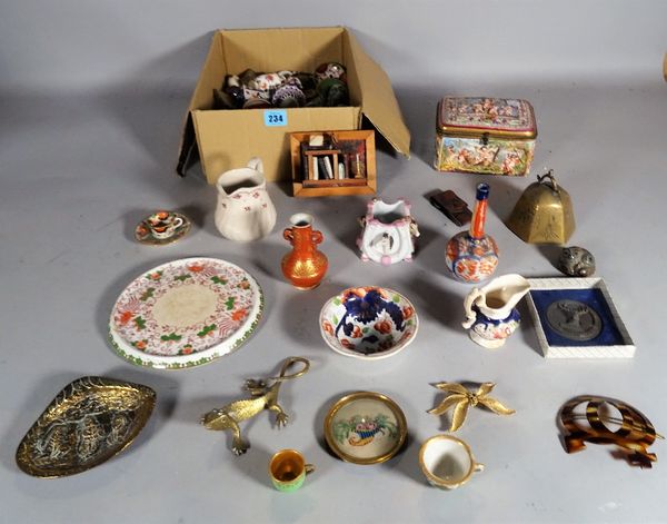 A quantity of mostly early 20th century miniature collectables, including; satsuma vases, glass decanters, trinket boxes, brass figures and sundry, (q