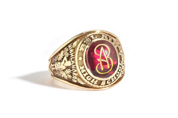 An American gold and cabochon red gem set college ring, detailed Bel Air High School and to the shoulders, Loyal Forever Highlanders, detailed 10 K, r