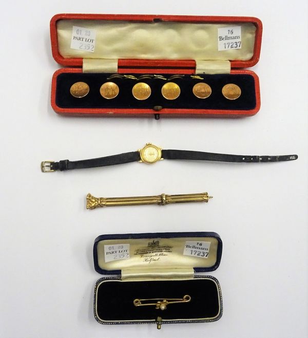 A set of six 9ct gold buttons, monogram engraved, Birmingham 1905, weight 5.6 gms, with six gilt metal loops, cased, a Weir 14ct gold circular cased l