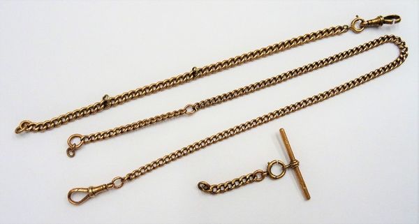 A 9ct gold uniform curb link watch Albert chain, fitted with a swivel, an additional similar part length of 9ct gold curb link watch Albert chain, fit