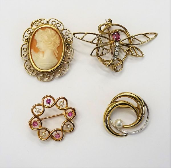 Four  brooches, comprising; a 9ct gold pink stone and diamond brooch designed as a dragonfly, an oval shell cameobrooch, in a 9ct gold wirework surrou