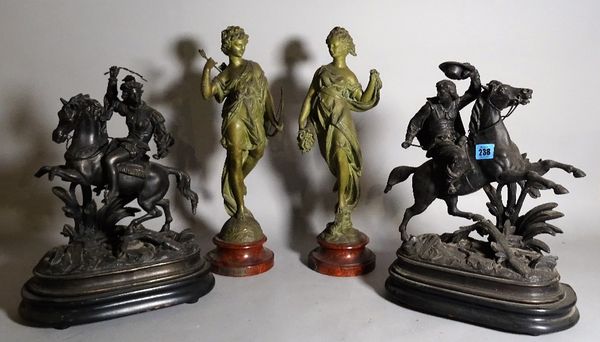 A pair of 20th century spelter figures of horses, 31cm high and a pair of faux bronze figures of classical females on faux marble base, 40cm high, (4)