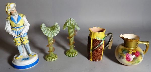 A Royal Worcester jug, a pair of glass vases, a Majolica jug and a Continental figure, 26cm high, (5).   CAB