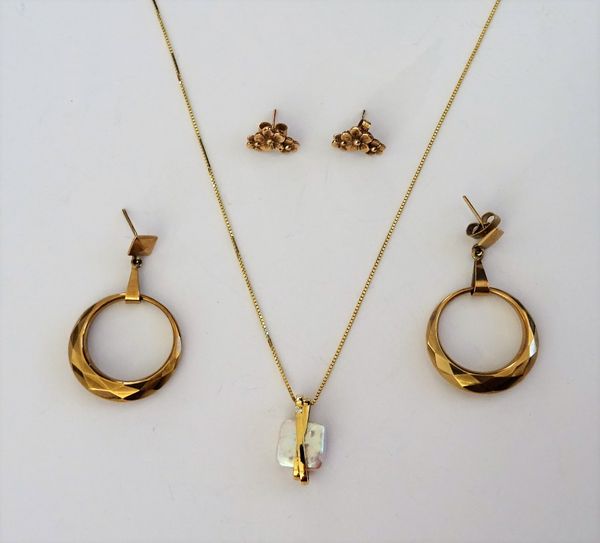 A pair of 9ct gold earrings, designed as faceted hoops, the tops with post fittings, with one butterfly clip (the second butterfly clip lacking), a pa