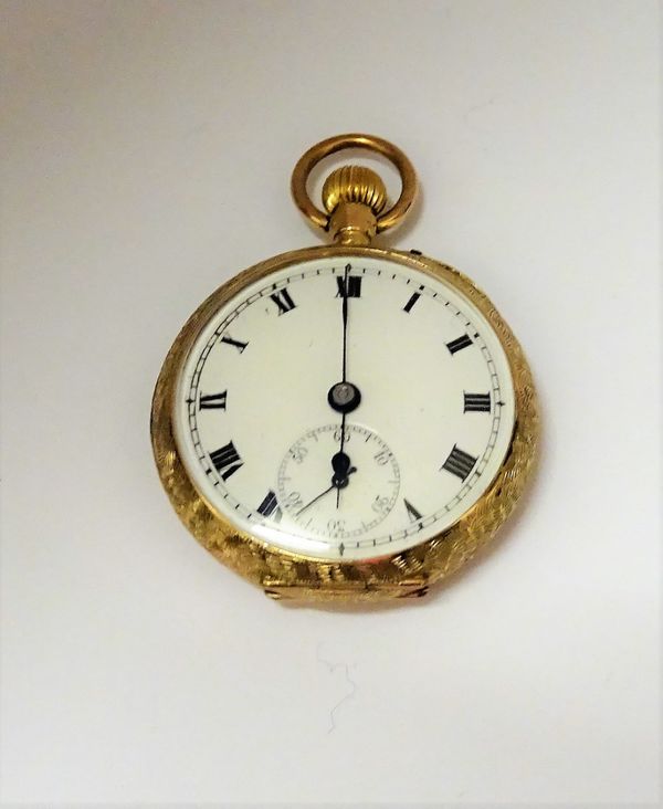 A lady's 9ct gold cased, keyless wind, openfaced fob watch, with a gilt Swiss cylinder movement, gold inner case, the enamelled dial with black Roman