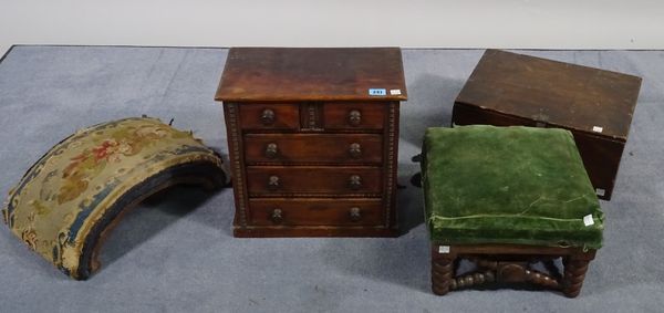 An early 20th century stained pine table top chest of two short and three long drawers, 37cm wide x 36cm high, an early 19th century stained pine lift