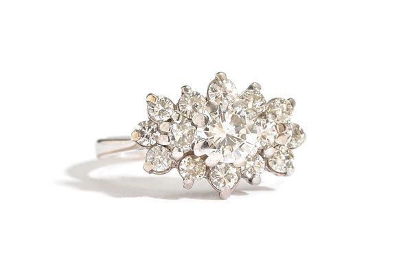 An 18ct white gold and diamond cluster ring, claw set with the principal circular cut diamond at the centre, in a surround of fourteen circular cut di