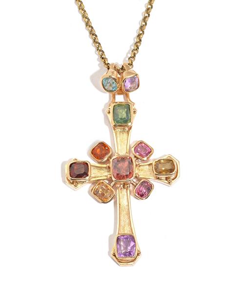 A 9ct gold and varicoloured gemstone set pendant cross by Allan Christensen, Petworth, the eleven various coloured gemstones including two differing c