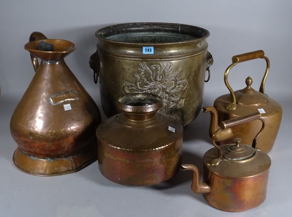 A quantity of mostly early 20th century copper and brass ware including urns, kettles, jugs and sundry.  S6B