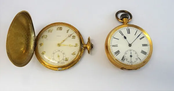 A Ultus gold cased, keyless wind, hunting cased pocket watch, with a gilt jewelled lever movement, the gold inner and outer case detailed 18 K, the si