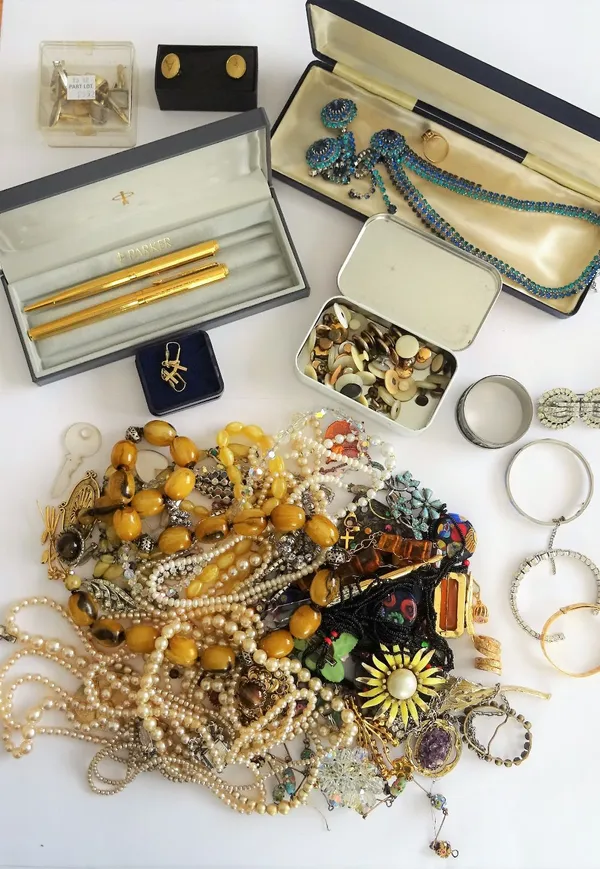 A group of costume jewellery, including bead and other necklaces, brooches, imitation pearls, studs cufflinks and further items, a Parker gilt metal f