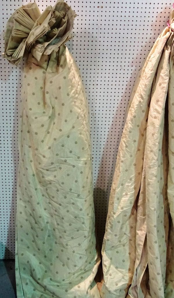 Curtains; two pairs of lined beige and polka dot curtains, the larger 169cm wide x 216cm drop, the smaller 132cm wide x 216cm drop.  B3