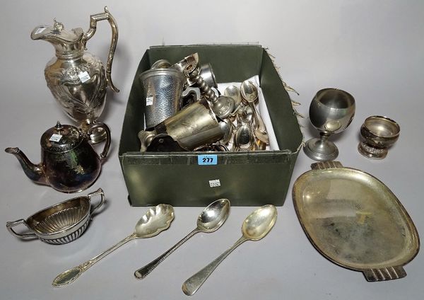 A quantity of silver plated items including quantity of flatware, a jug, candlesticks and tankards, (qty).  S2M