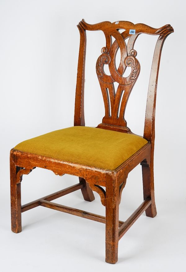 An 18th century mahogany side chair, with pierced splat, on canted block supports, 57cm wide x 87cm high.  D3