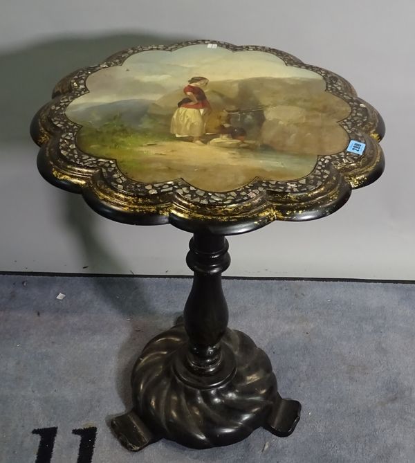 A late Victorian papier mache occasional table with painted top on turned column plinth base, 56cm wide x 72cm high.   C1