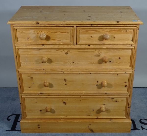 A 20th century pine chest of two short and three long graduated drawers, resting on a plinth base, 93cm wide.  B2