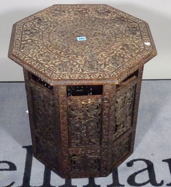 A late 19th century Moorish carved hardwood octagonal occasional table, 53cm wide x 57cm high. D1