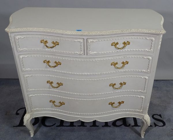 A Louis XV style grey and white painted bedroom suite comprising serpentine chest of two short and three long graduated drawers, 90cm wide x 87cm high