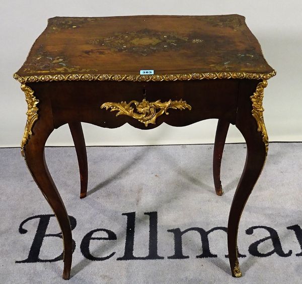 A 19th century Continental mahogany, brass inlaid gilt metal mounted single drawer side table on sabre supports, 60cm wide x 75cm high. D1