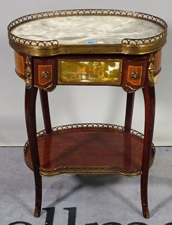 A Louis XV style mahogany and gilt metal mounted marble topped single drawer two tier side table, 55cm wide x 72cm high.  C1