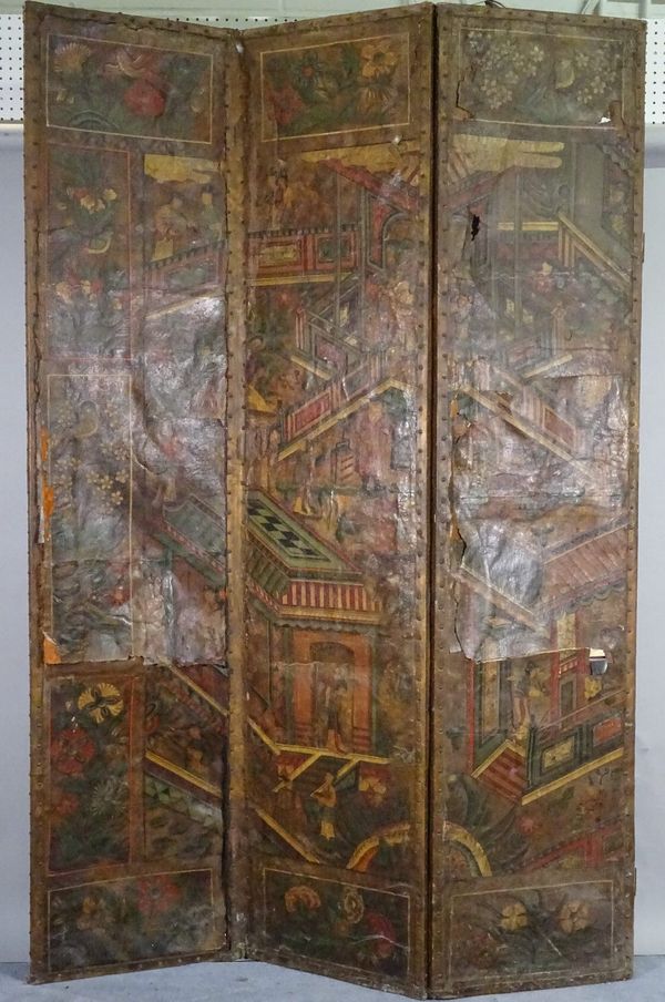 A large 19th century canvas covered three fold screen, decorated with Eastern interior scenes, 162cm wide x 242cm high. C3