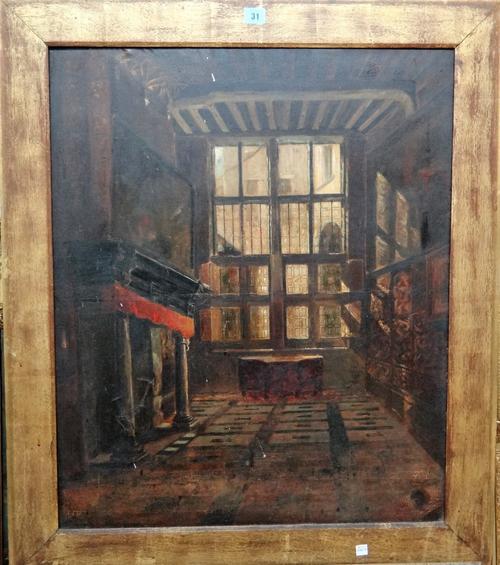 Follower of Frank Moss Bennett, a 17th century Hall interior, oil on canvas, 73cm x 60cm.  B1