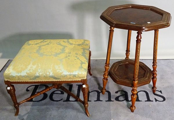 A 19th century Continental walnut octagonal two tier side table, 50cm wide x 74cm high and a late Victorian mahogany footstool with ring turned suppor