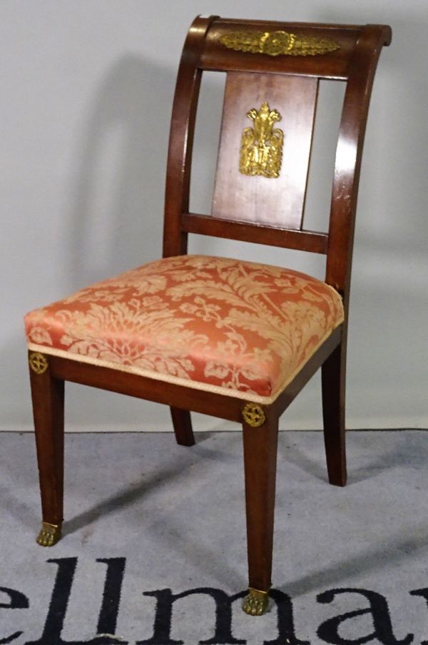 A 19th century Empire style mahogany and ormolu mounted hall chair, 45cm wide x 85cm high.  D2