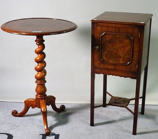 A 19th century mahogany tripod table with dished top on barley twist column, 50cm wide x 70cm high and a late George III mahogany pot cupboard with wa